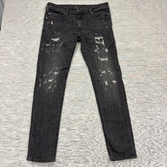 Diesel Thavar XP Jeans Mens 33 x 34 Gray Distressed Denim Slim Skinny Fit - Picture 1 of 15